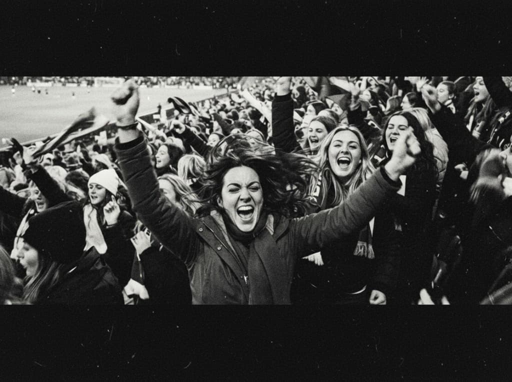 Crowd of fans cheering with arms raised